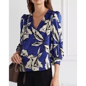 Veronica Beard Milan Top Blue Floral Print Silk-Blend Size 2 Puff Sleeve Blouse